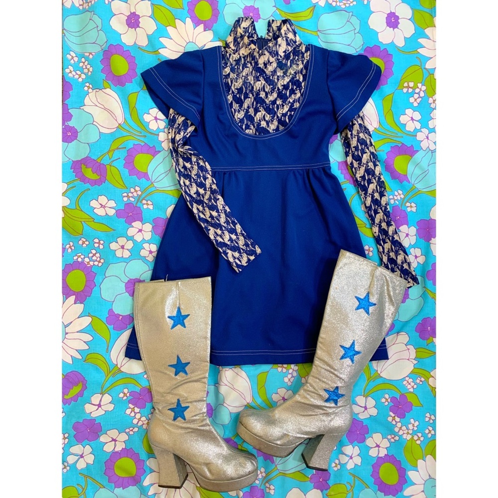 SOLD 60s 70s CATS Blue Baby Doll Mini GoGo Dress
